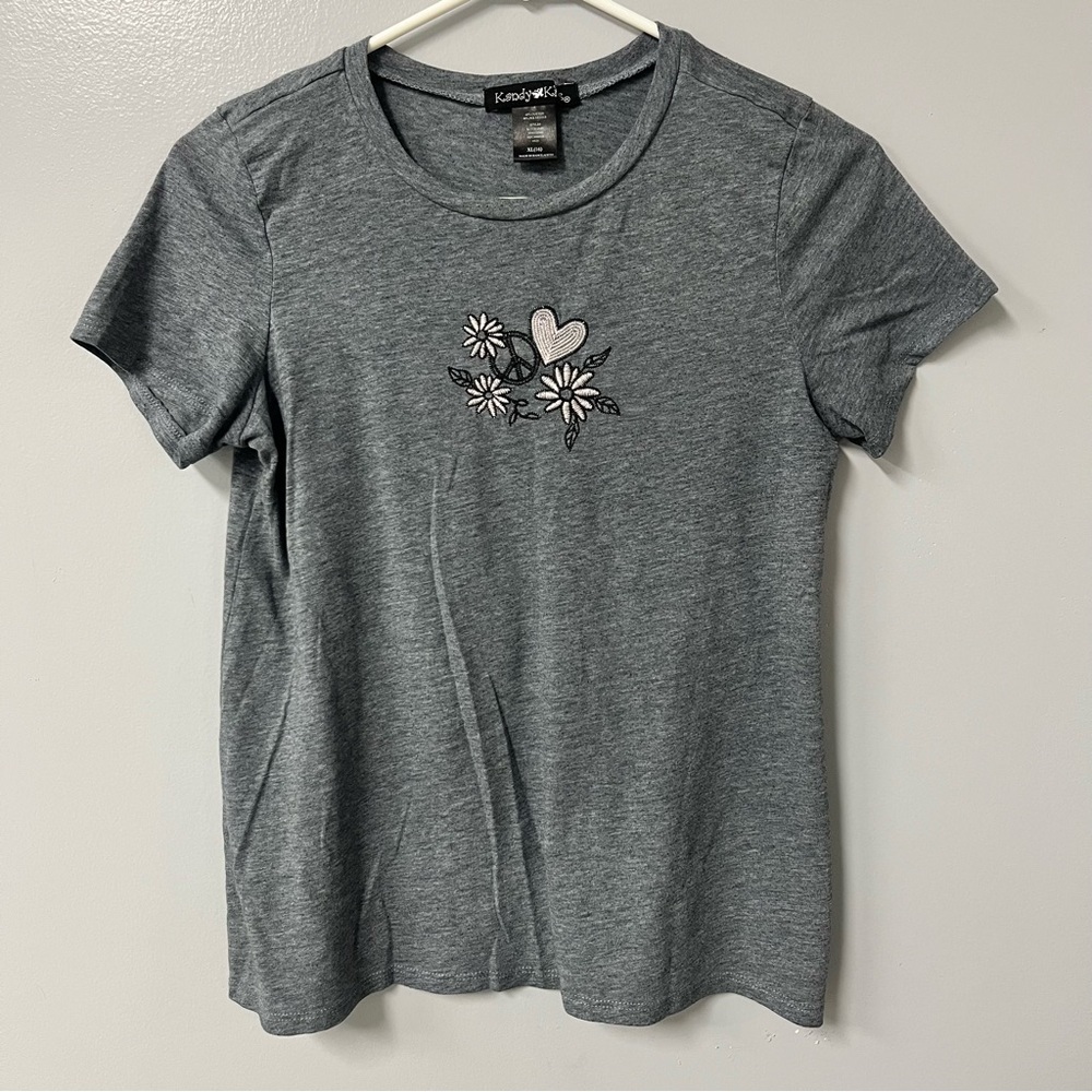 girls size xl 16 top embroidered‎ peace love flowers gray top